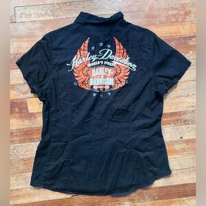 Harley Davidson Women's Embroidered Rhinestone Short Sleeve Pearl Snap Shirt